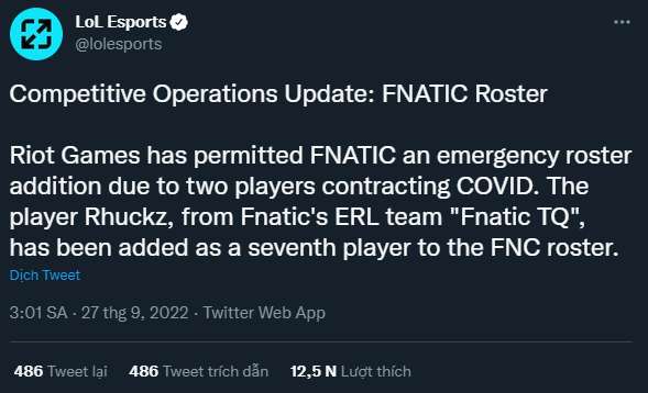 Riot Games thông báo về trường hợp của Fnatic tại CKTG 2022.