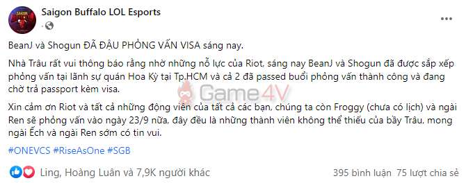 SGB ​​thông báo tình hình Visa trên fanpage.